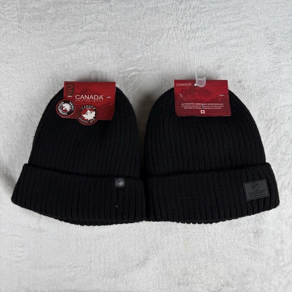 NWT 2-Pack Canada Weather Gear Knit Beanie Hat Thermal Plush Lining Black